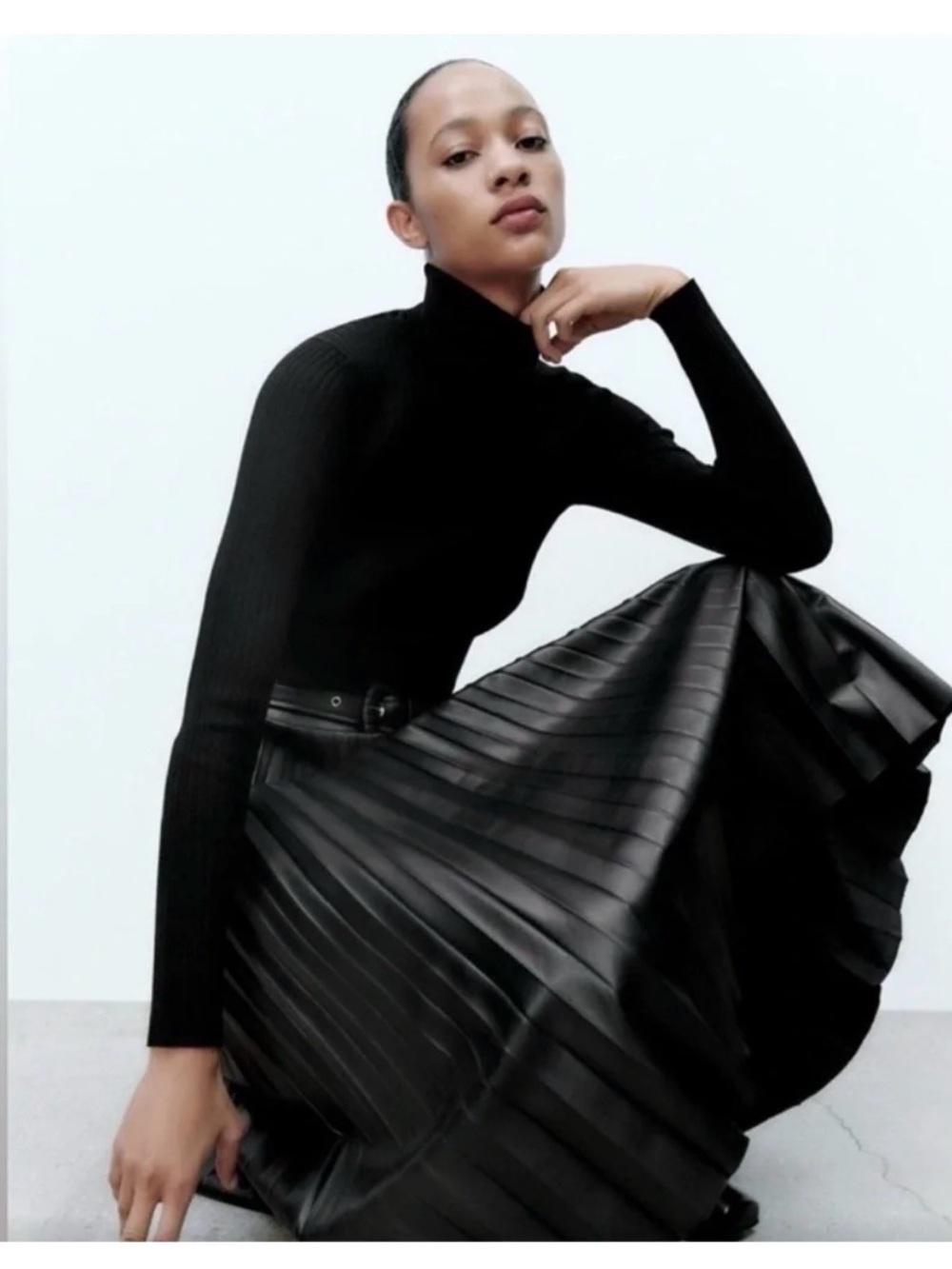 Zara Black Pleated Faux-Leather Circle Skirt